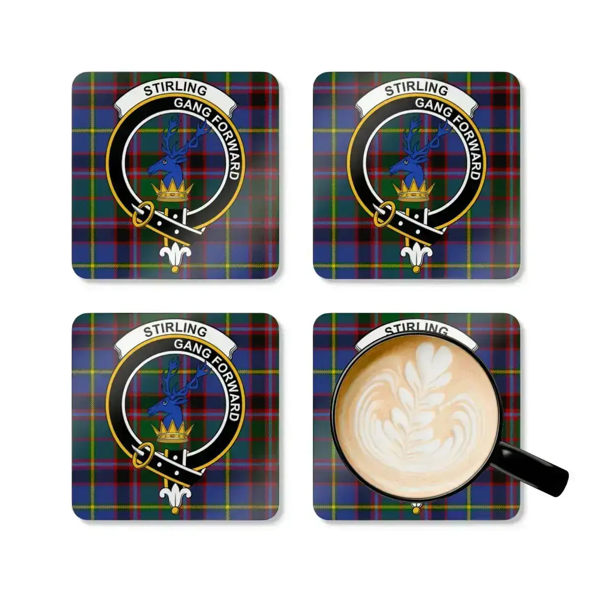 Stirling gang forward plaid pattern coasters — stag crest and tartan, set view