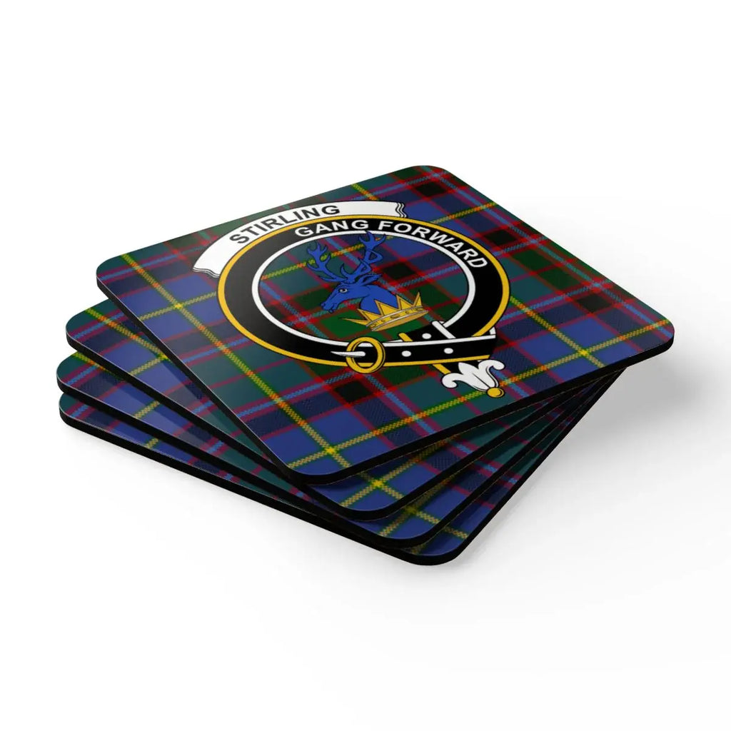 Stirling gang forward tartan pattern coaster set in use — on table