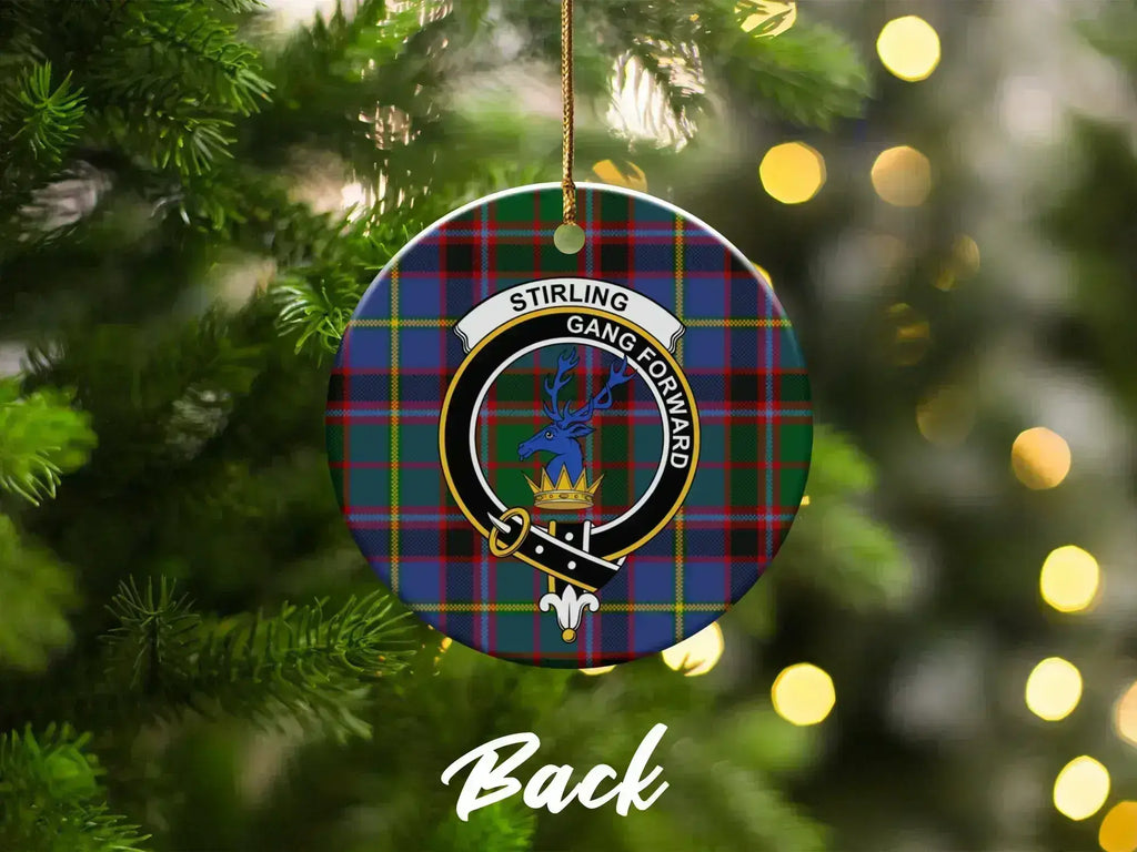 Clan Stirling gang forward tartan plaid Christmas ornament — on tree