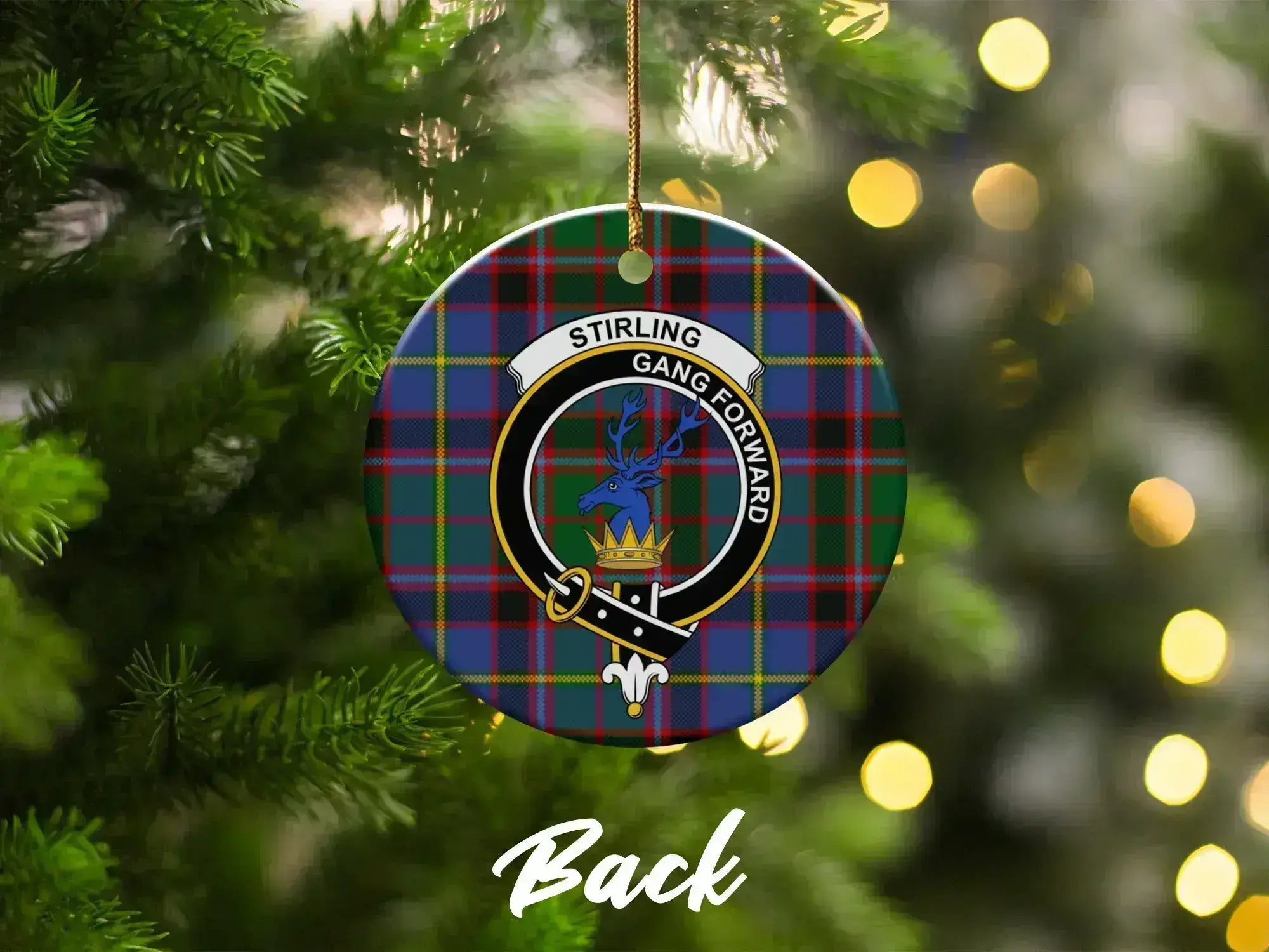 Clan Stirling gang forward tartan plaid Christmas ornament — on tree