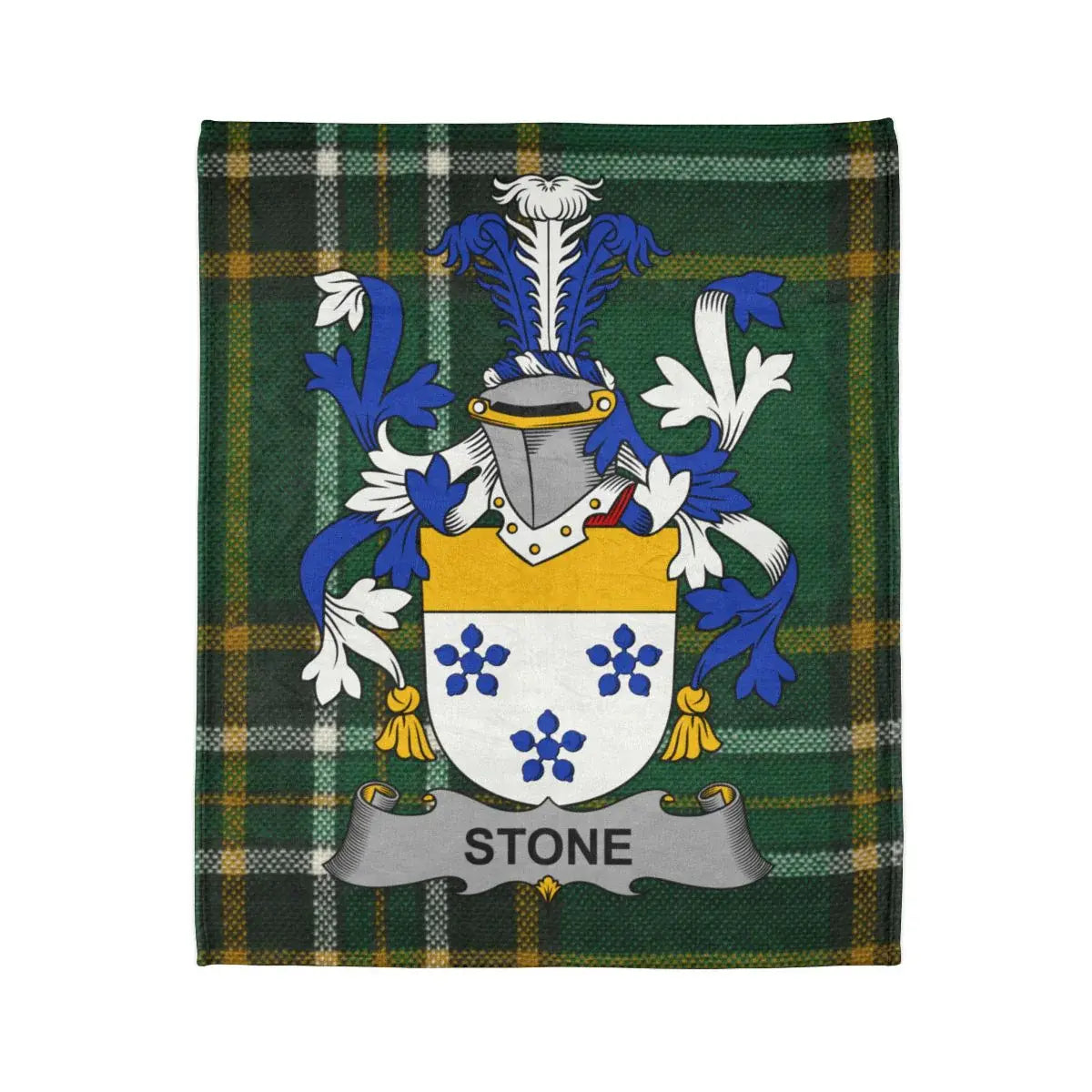 Stone Family Crest Emblazoned on Green Plaid Blanket