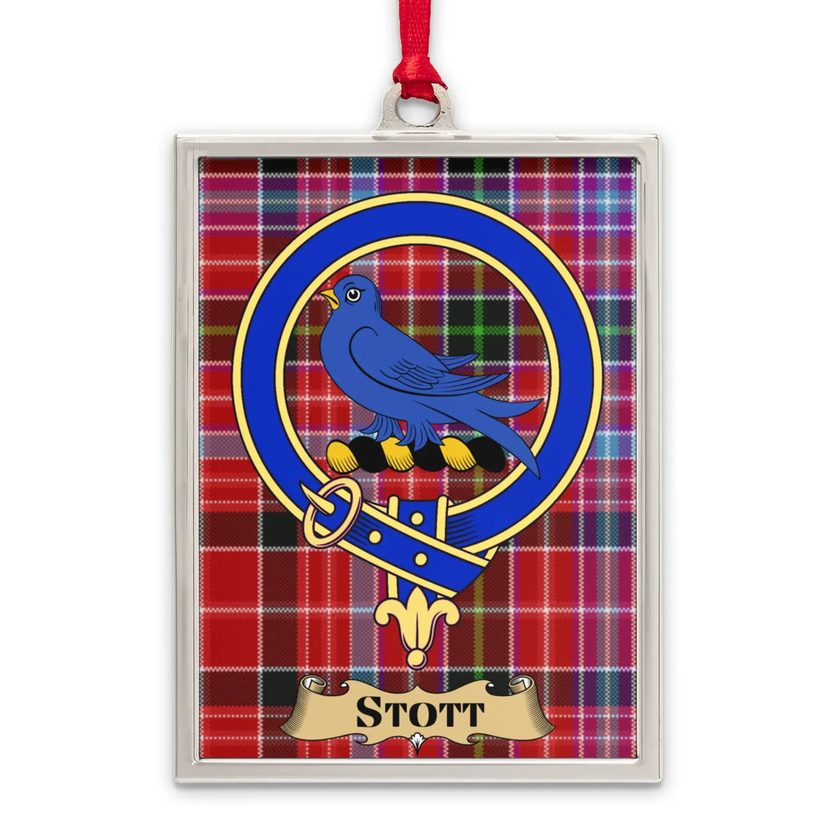 Stott tartan-background crest ornament shown as a Scottish heritage keepsake gift