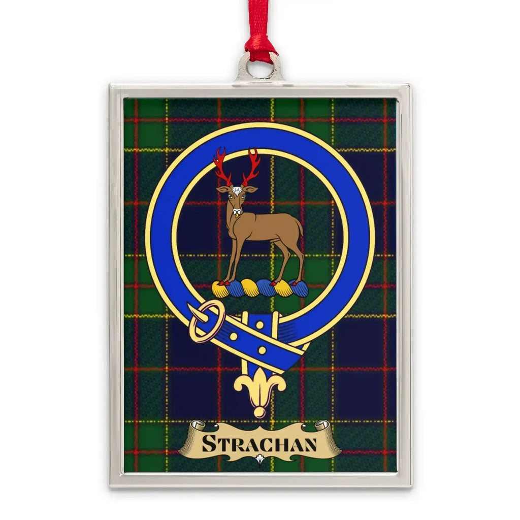 Strachan tartan-background crest ornament shown as a Scottish heritage keepsake gift