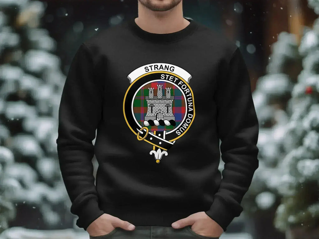Clan Strang stet fortuna domus black crewneck sweatshirt — clan crest design