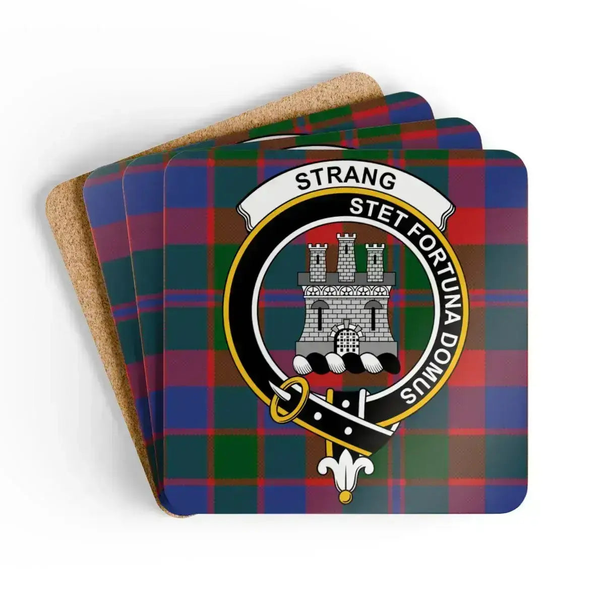 Clan Strang stet fortuna domus plaid coasters — glossy cork, 3.75 inch square