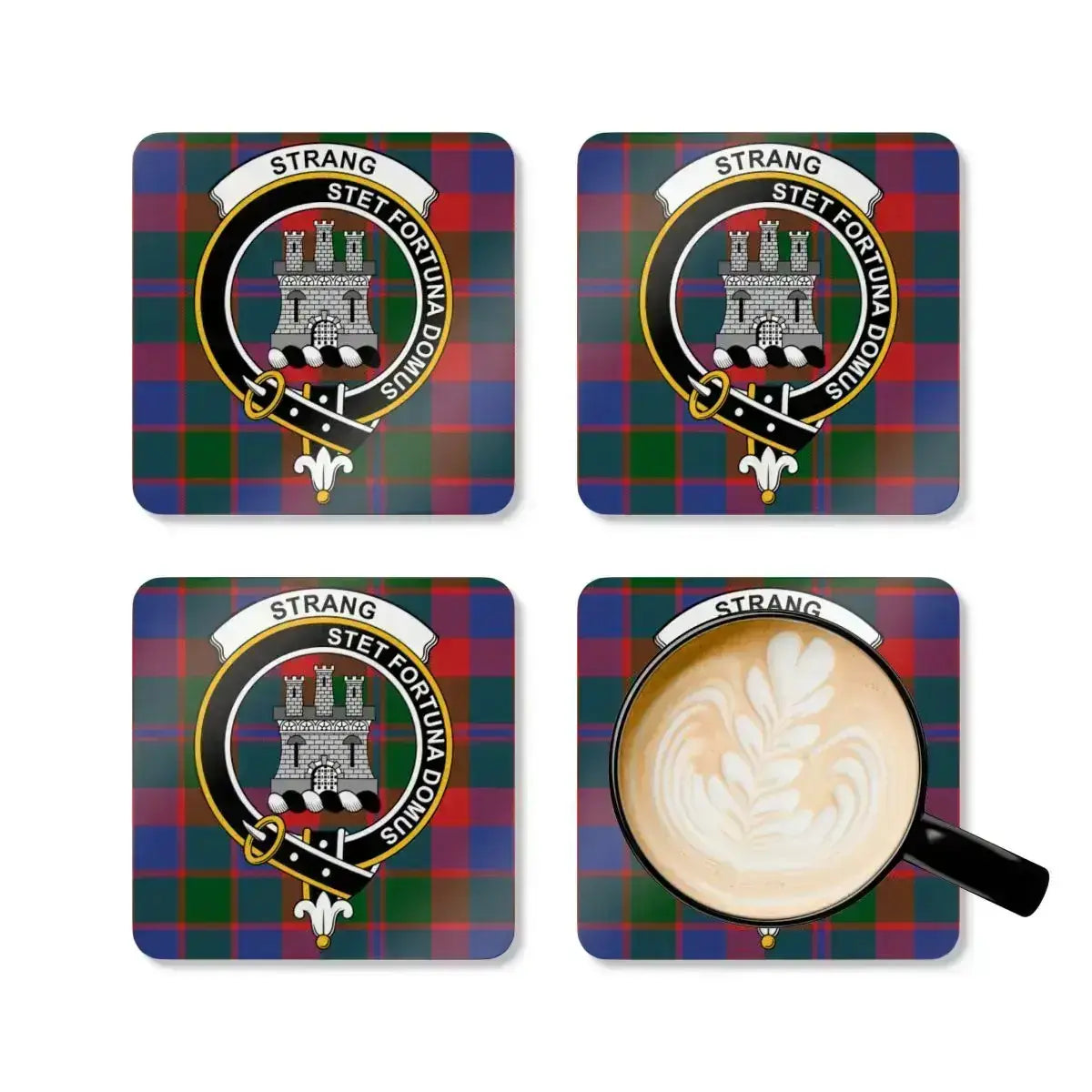 Strang clan crest tartan pattern coasters set — four coasters, cork base