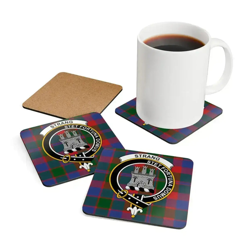 Clan Strang stet fortuna domus tartan coasters — single coaster detail view