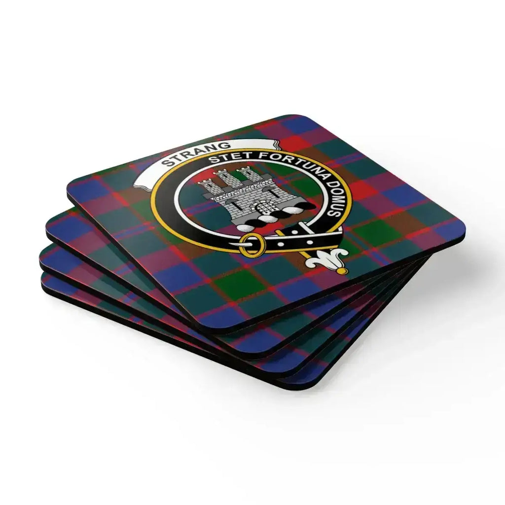 Scottish clan Strang crest tartan patterned coasters set in use — on table