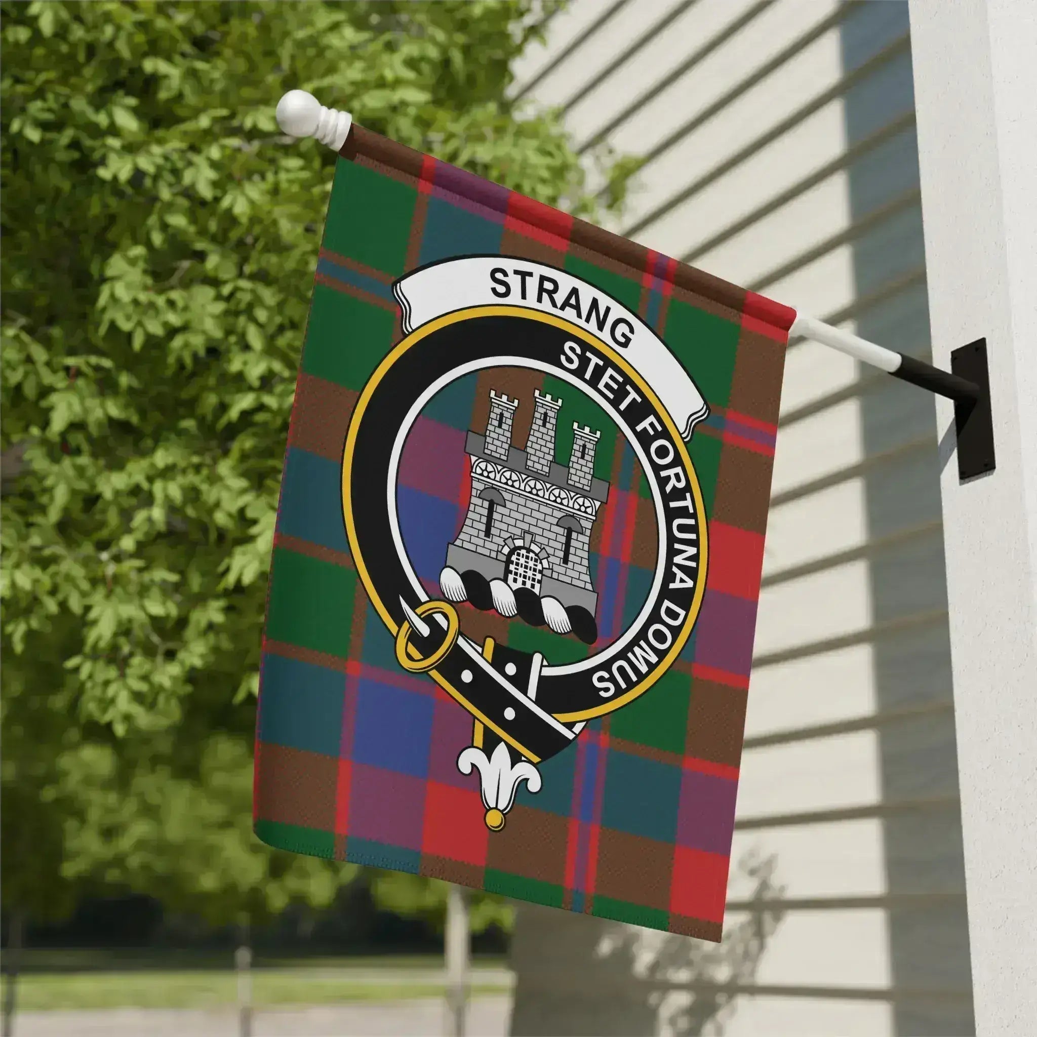 Clan Strang stet fortuna domus clan banner flag — 12x18 inch, poly canvas