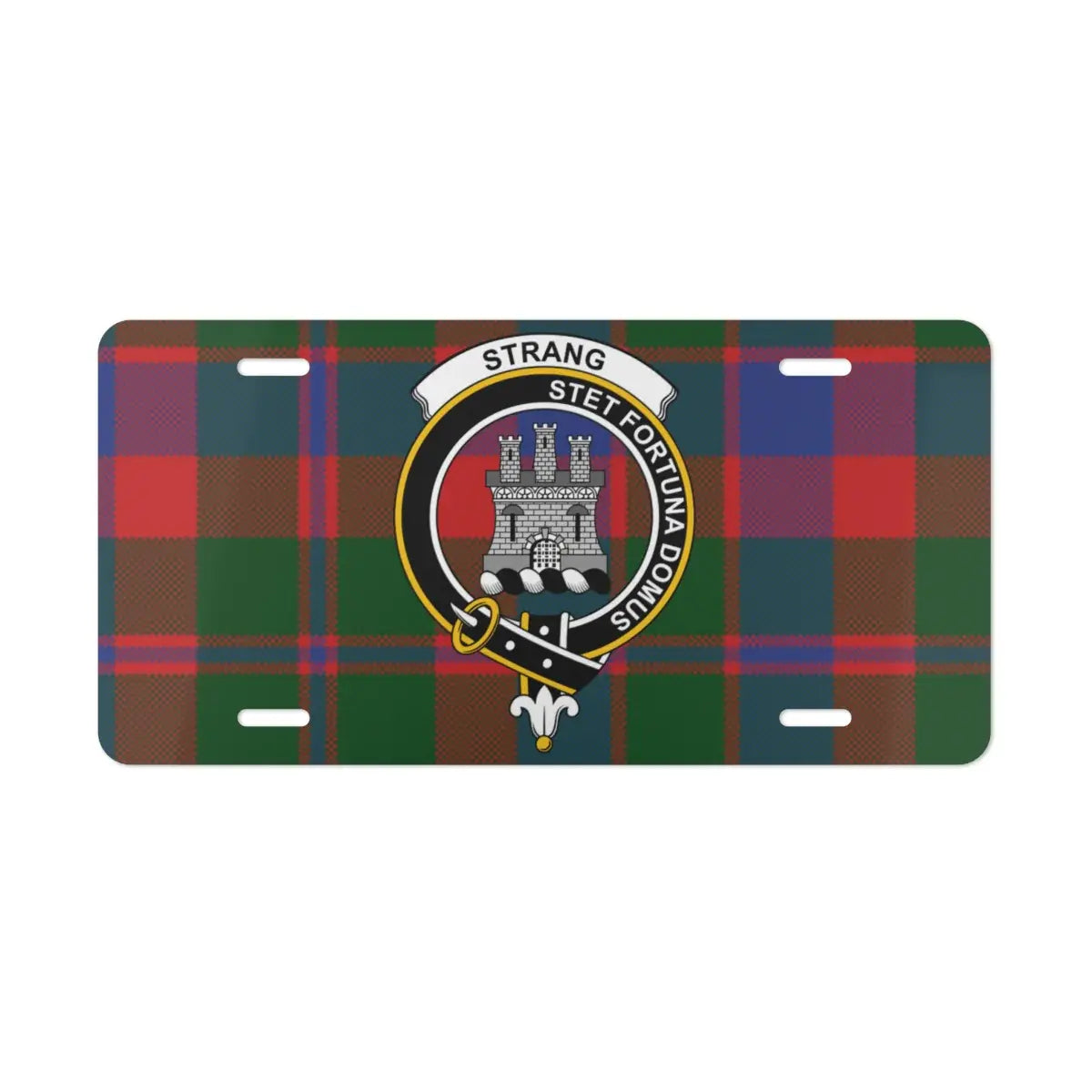 Strang stet fortuna domus Scottish clan crest tartan license plate — vivid design