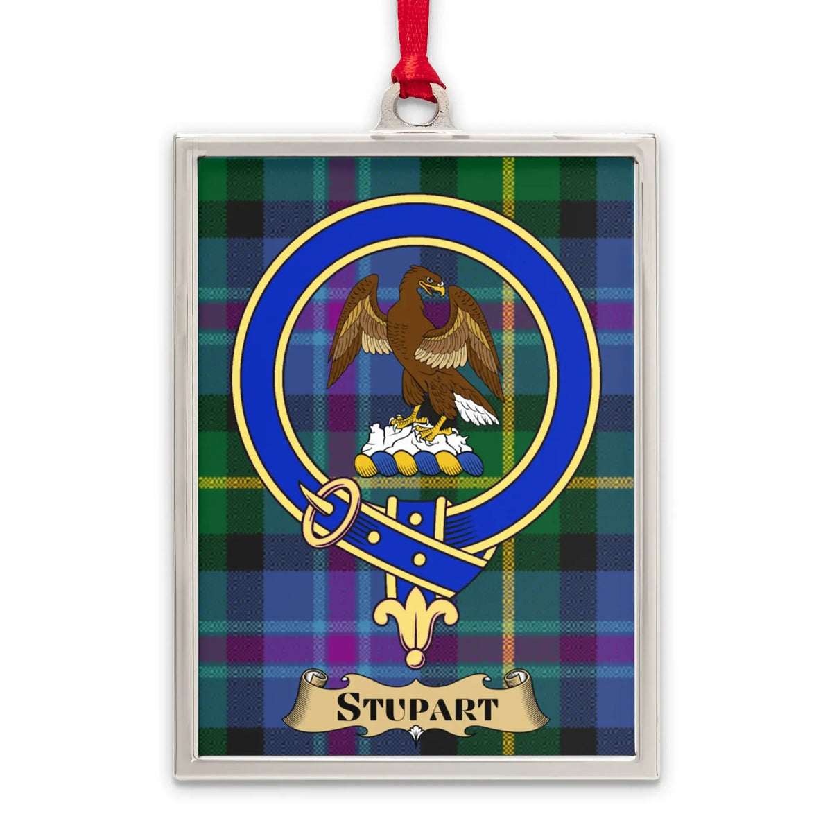 Stupart tartan-background crest ornament shown as a Scottish heritage keepsake gift