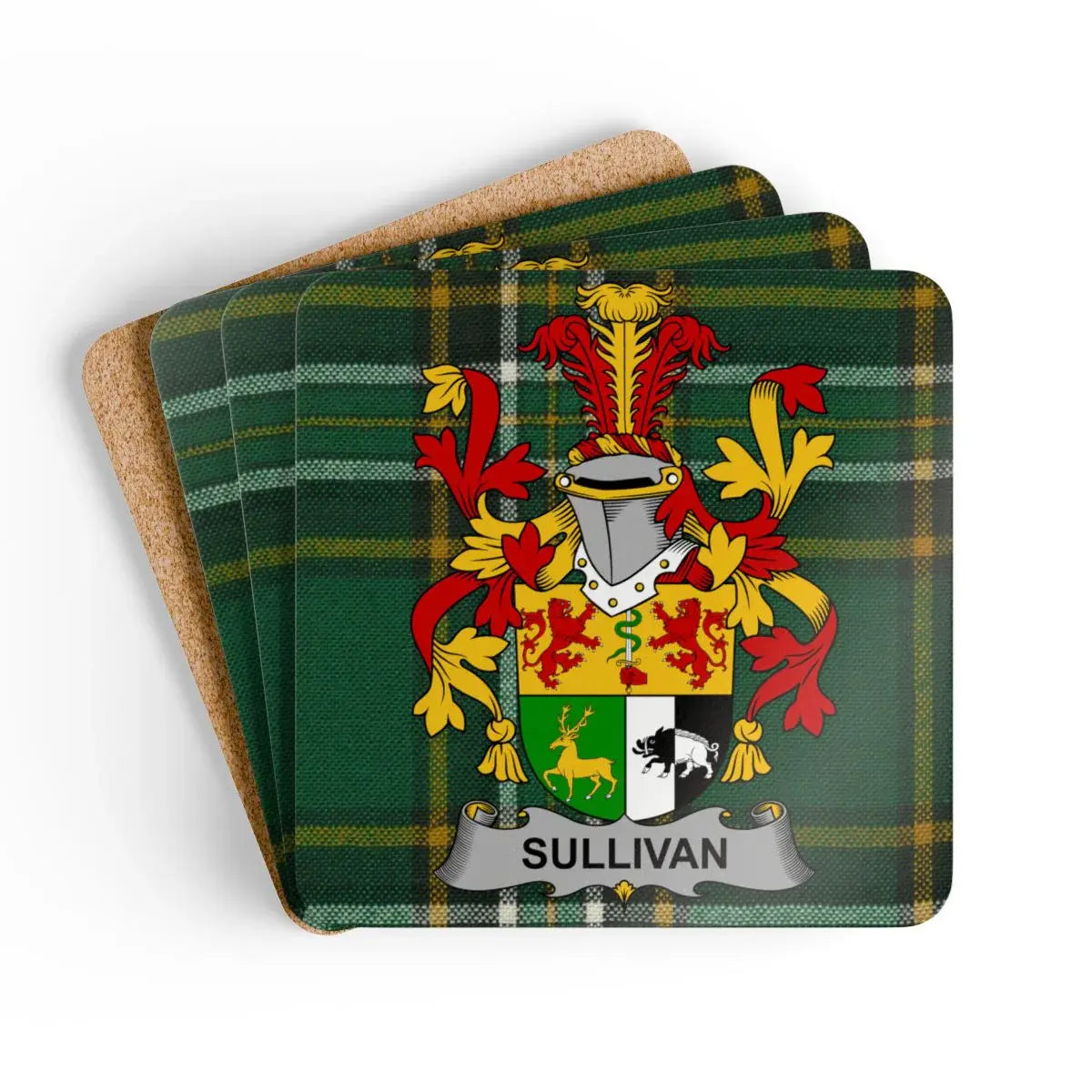 Sullivan Irish family crest coaster set on the Irish National Tartan