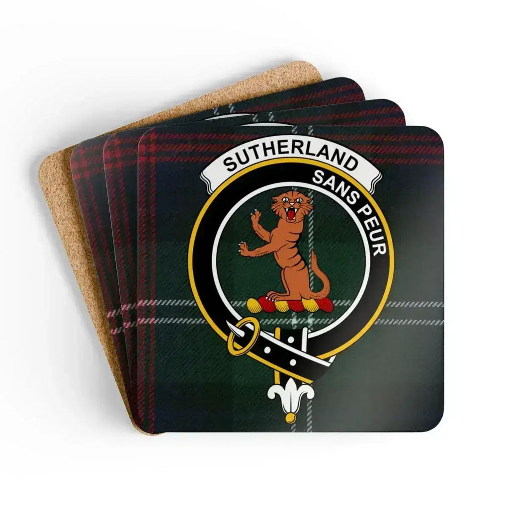Clan Sutherland sans peur tartan print coasters — glossy cork, 3.75 inch square