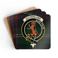 Clan Sutherland sans peur tartan print coasters — glossy cork, 3.75 inch square