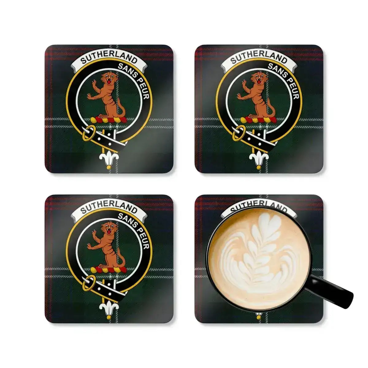 Sutherland sans peur coasters stylish home — set view, cork base