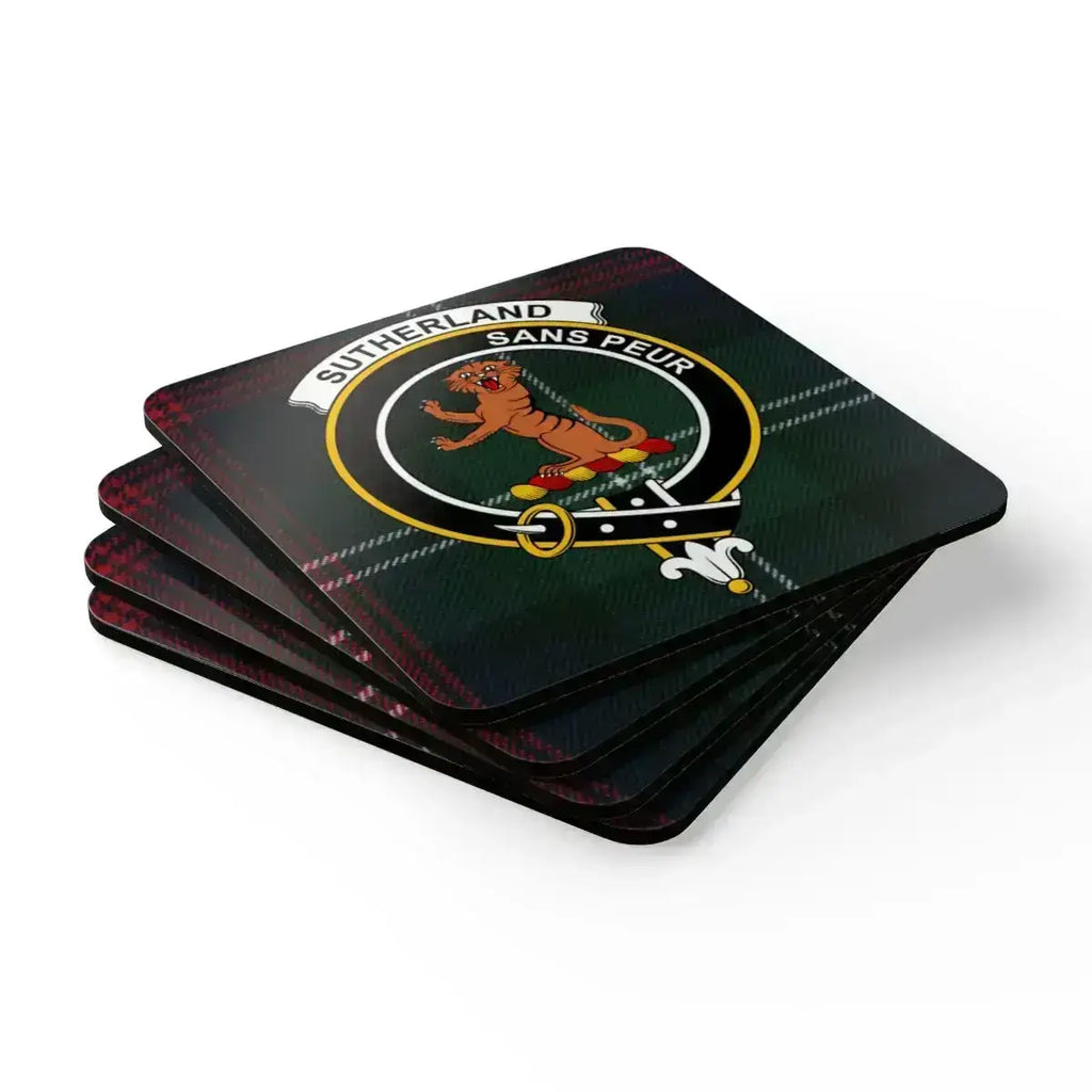 Scottish clan Sutherland crest tartan coaster set — four coasters on table