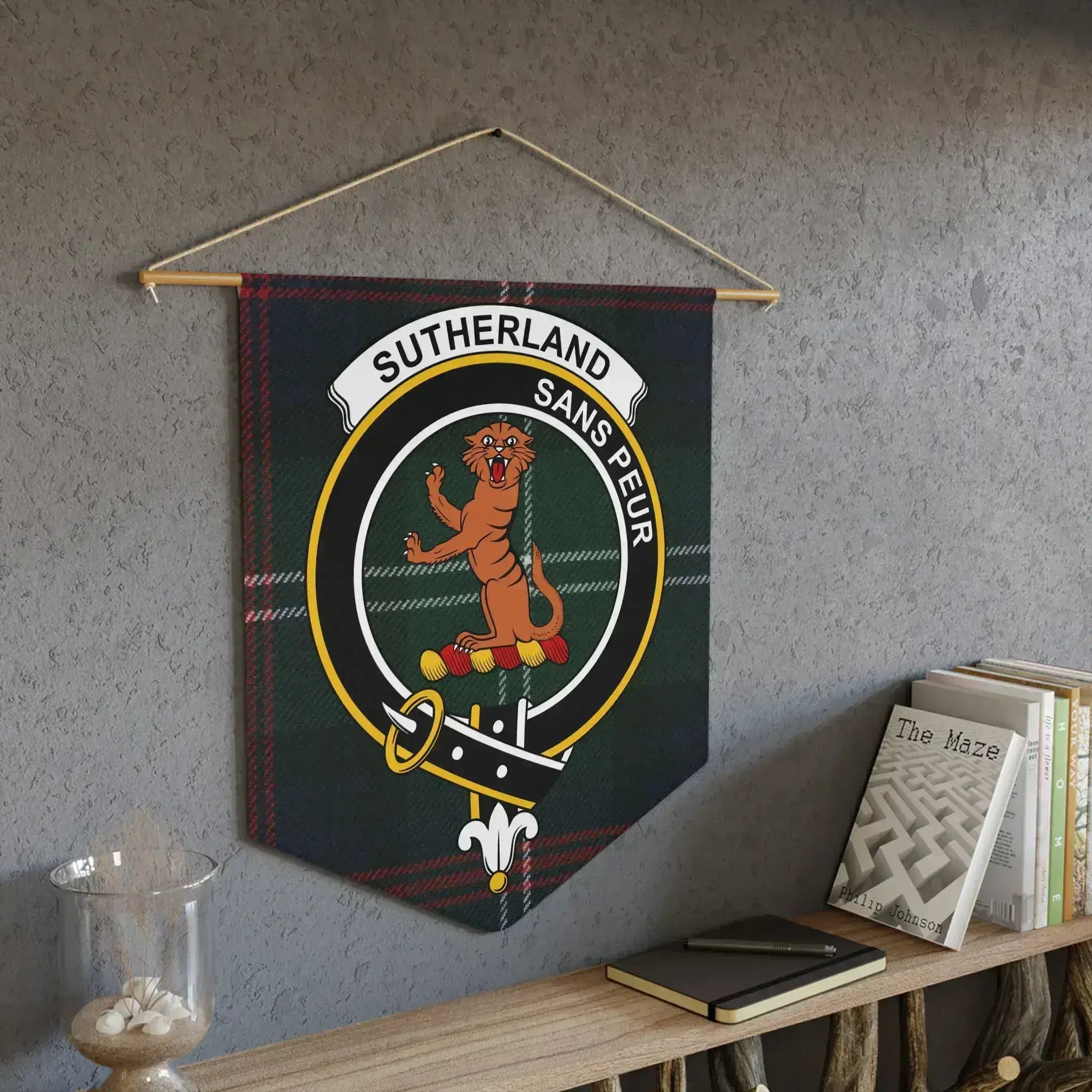 Sutherland sans peur clan crest banner wall decor — wild cat and tartan design