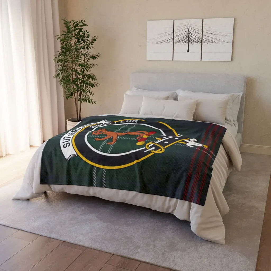 Clan Sutherland crest tartan printed bedding blanket — sofa use, vibrant colours