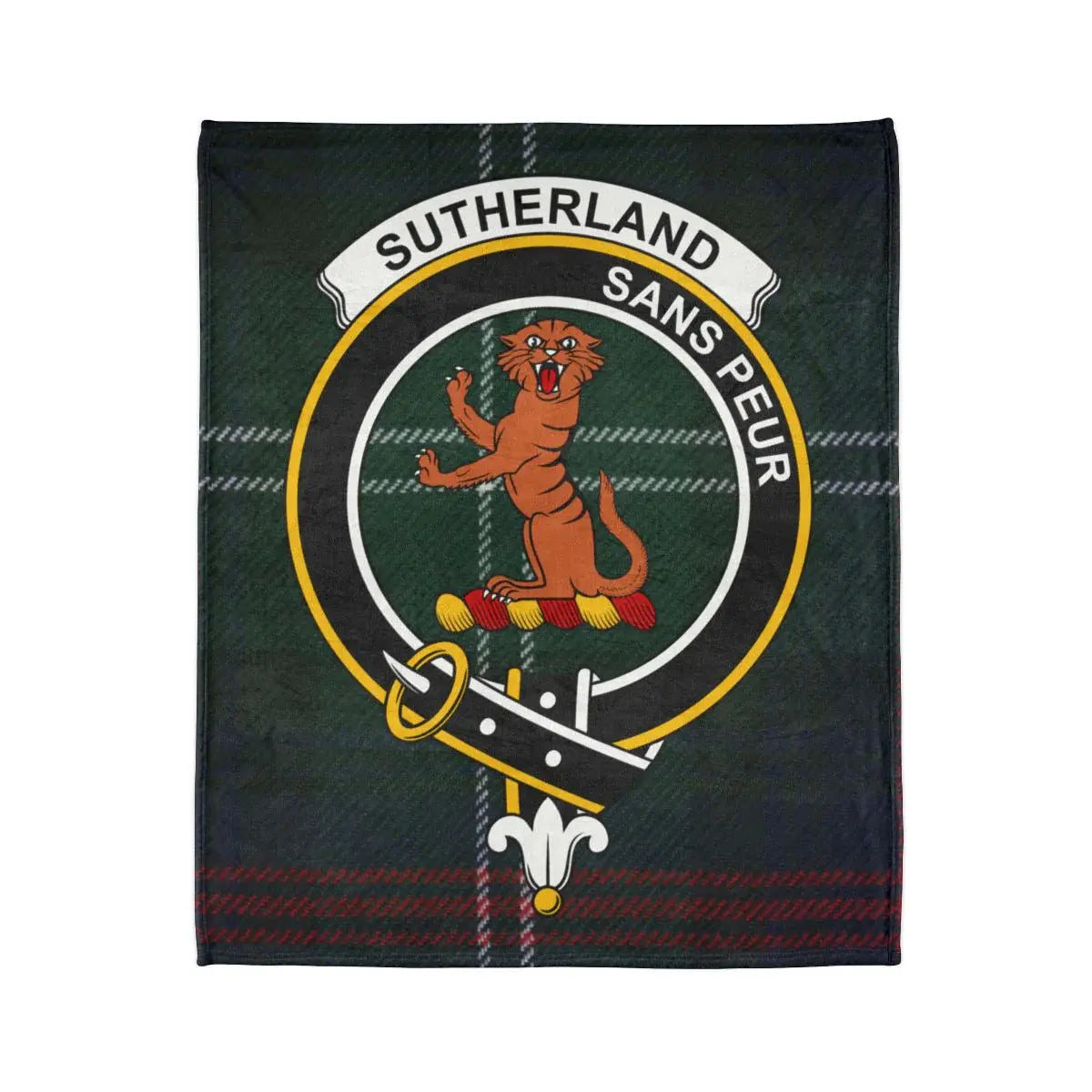 Sutherland sans peur tartan blanket for comfortable use — clan crest detail