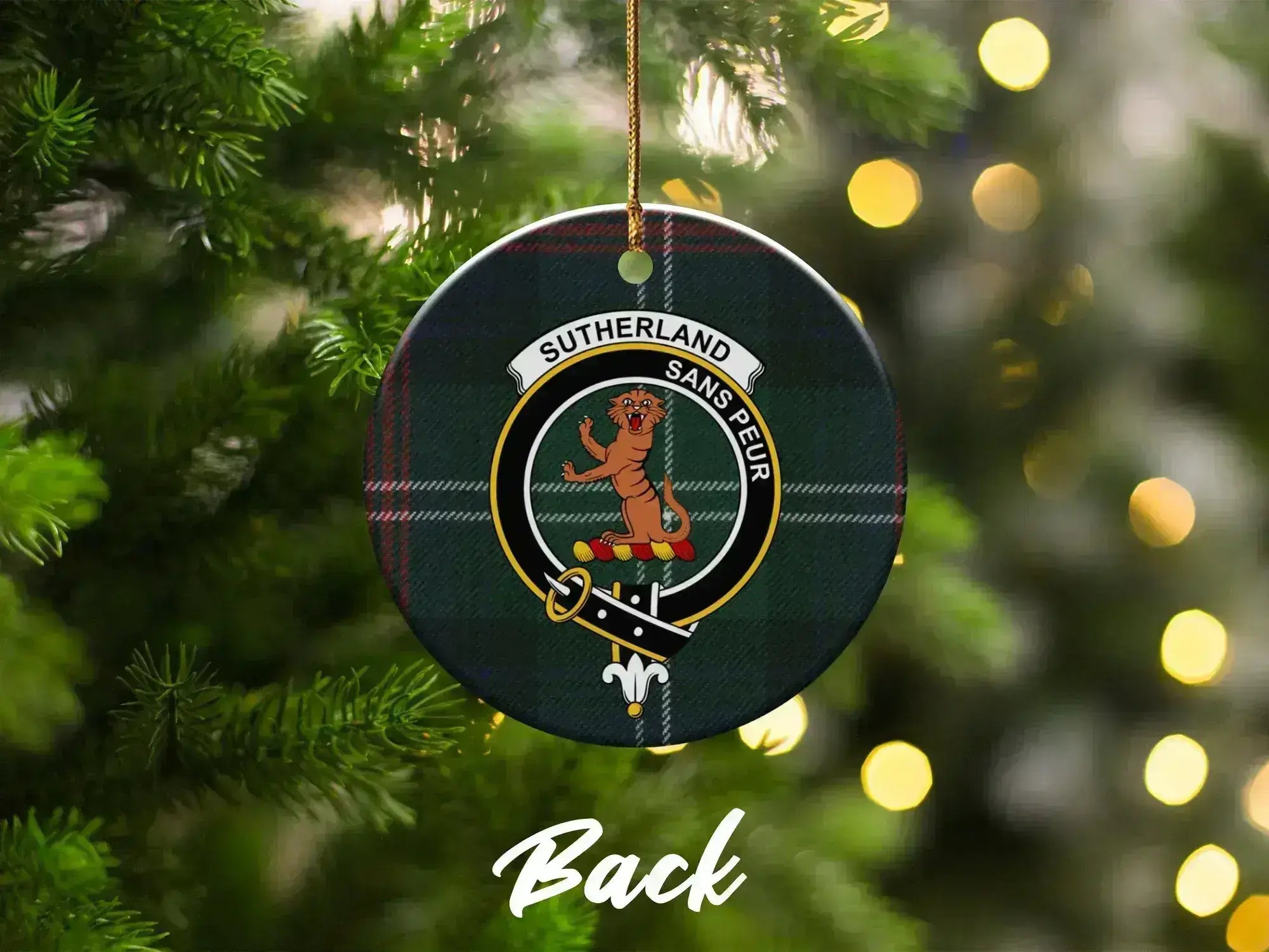 Clan Sutherland sans peur tartan Christmas ornament — on tree, heritage keepsake