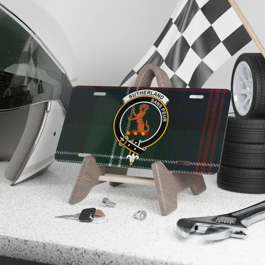 Clan Sutherland sans peur wild cat crest tartan novelty license plate — 100% aluminium, 12x6 inch