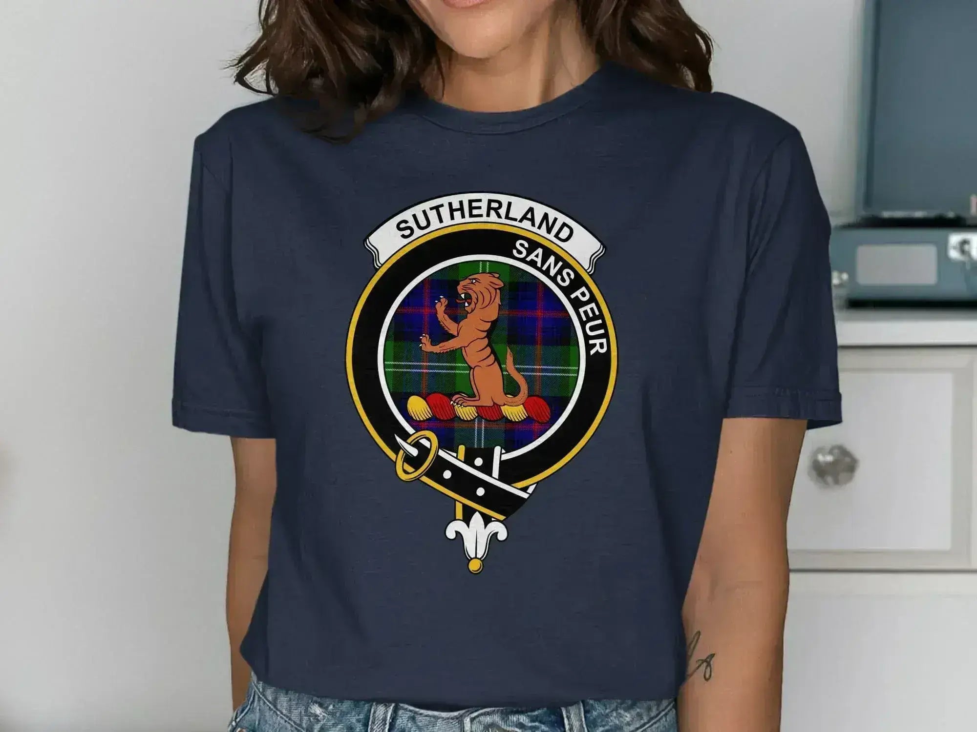 Sutherland sans peur emblem t-shirt — navy blue, front view