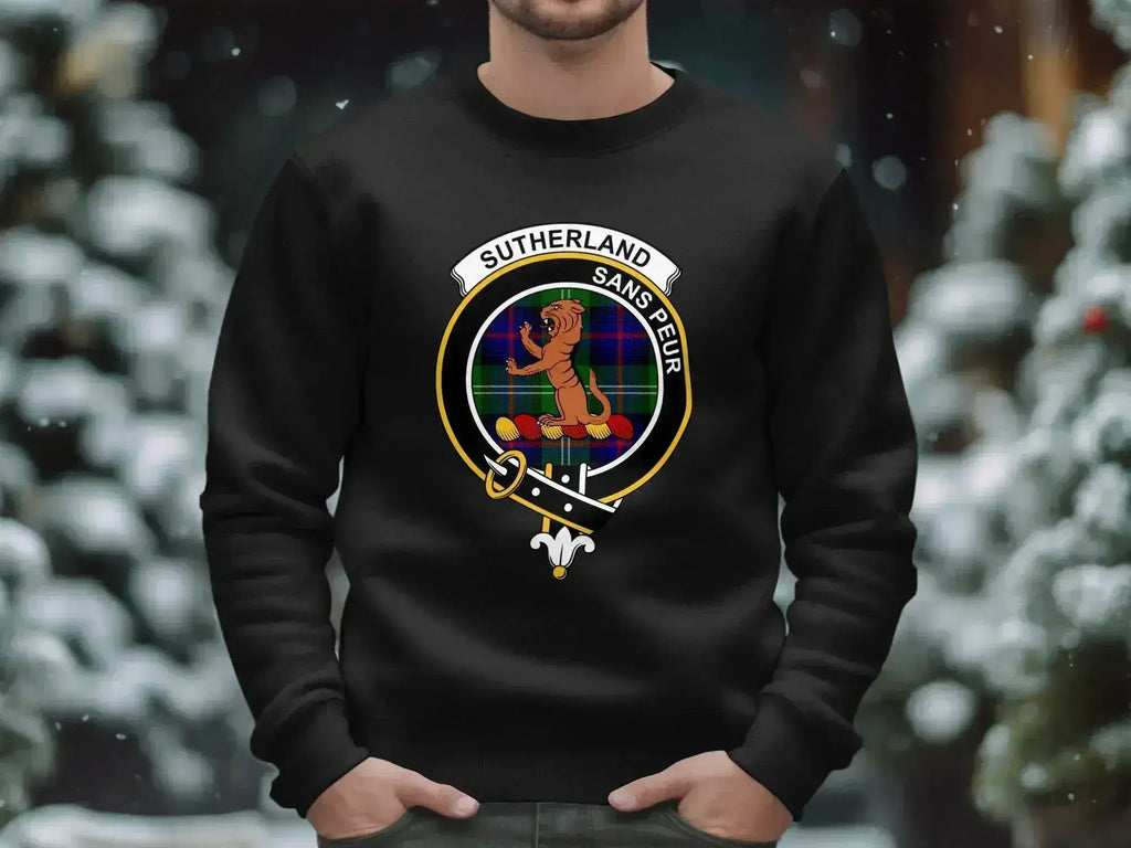 Sutherland sans peur clan badge sweatshirt — black crewneck, wild cat crest design