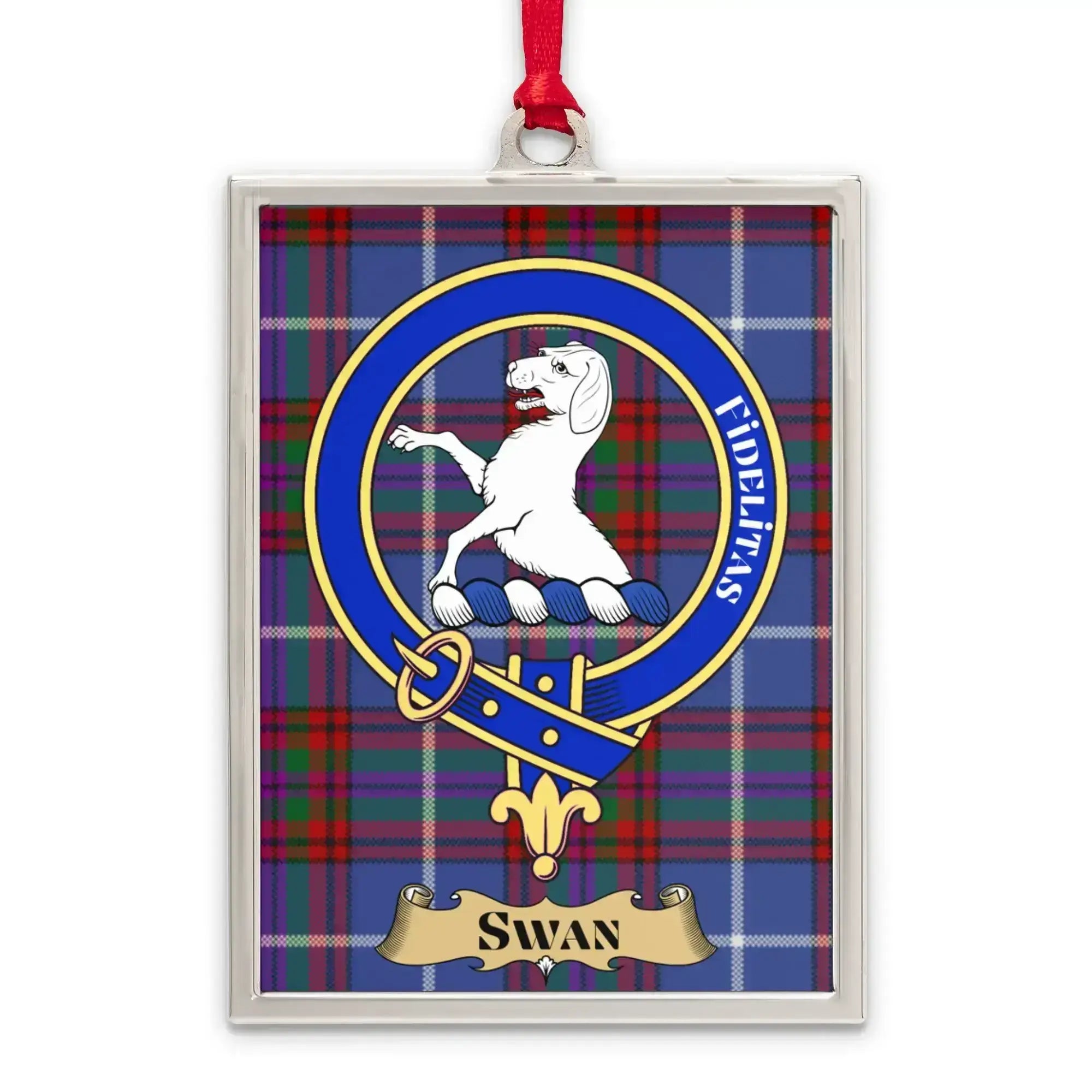 Swan tartan-background crest ornament shown as a Scottish heritage keepsake gift