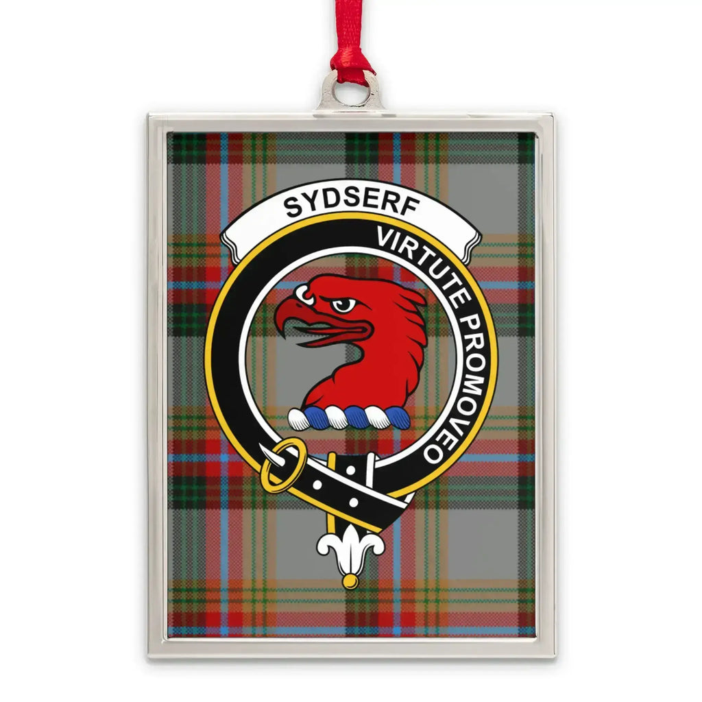 Sydserf tartan-background crest ornament shown as a Scottish heritage keepsake gift