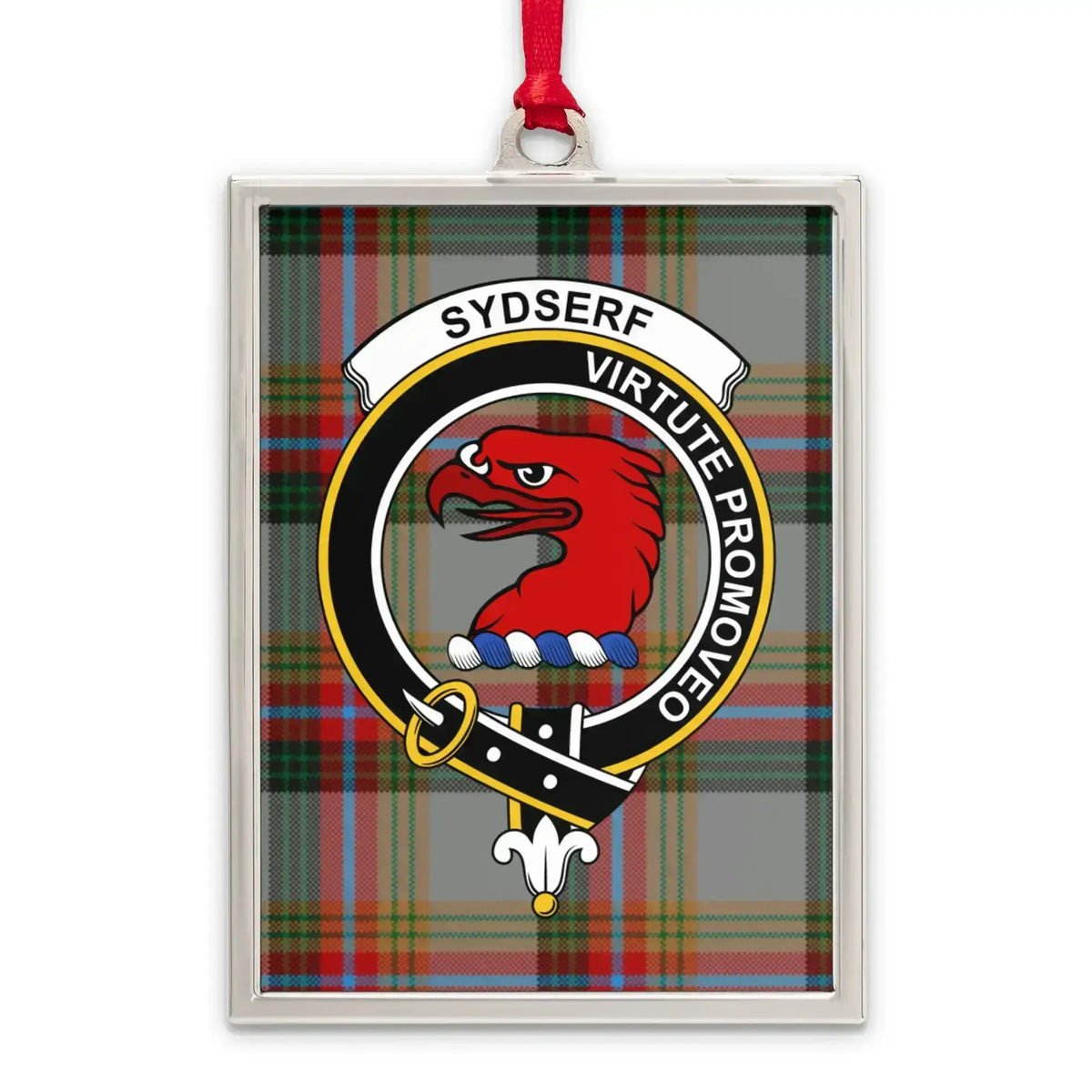 Sydserf tartan-background crest ornament shown as a Scottish heritage keepsake gift