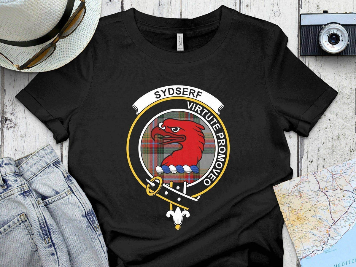 Sydserf clan crest T-shirt with Virtute Promoveo motto and tartan design