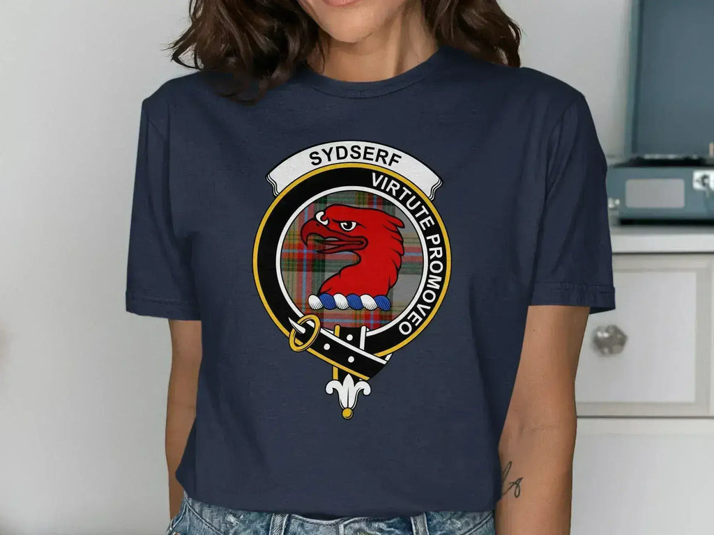 Sydserf clan crest T-shirt with Virtute Promoveo motto and tartan design — alternate view