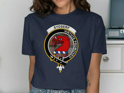 Sydserf clan crest T-shirt with Virtute Promoveo motto and tartan design — alternate view
