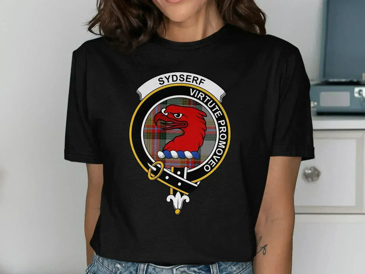 Sydserf clan crest T-shirt with Virtute Promoveo motto and tartan design — reverse view
