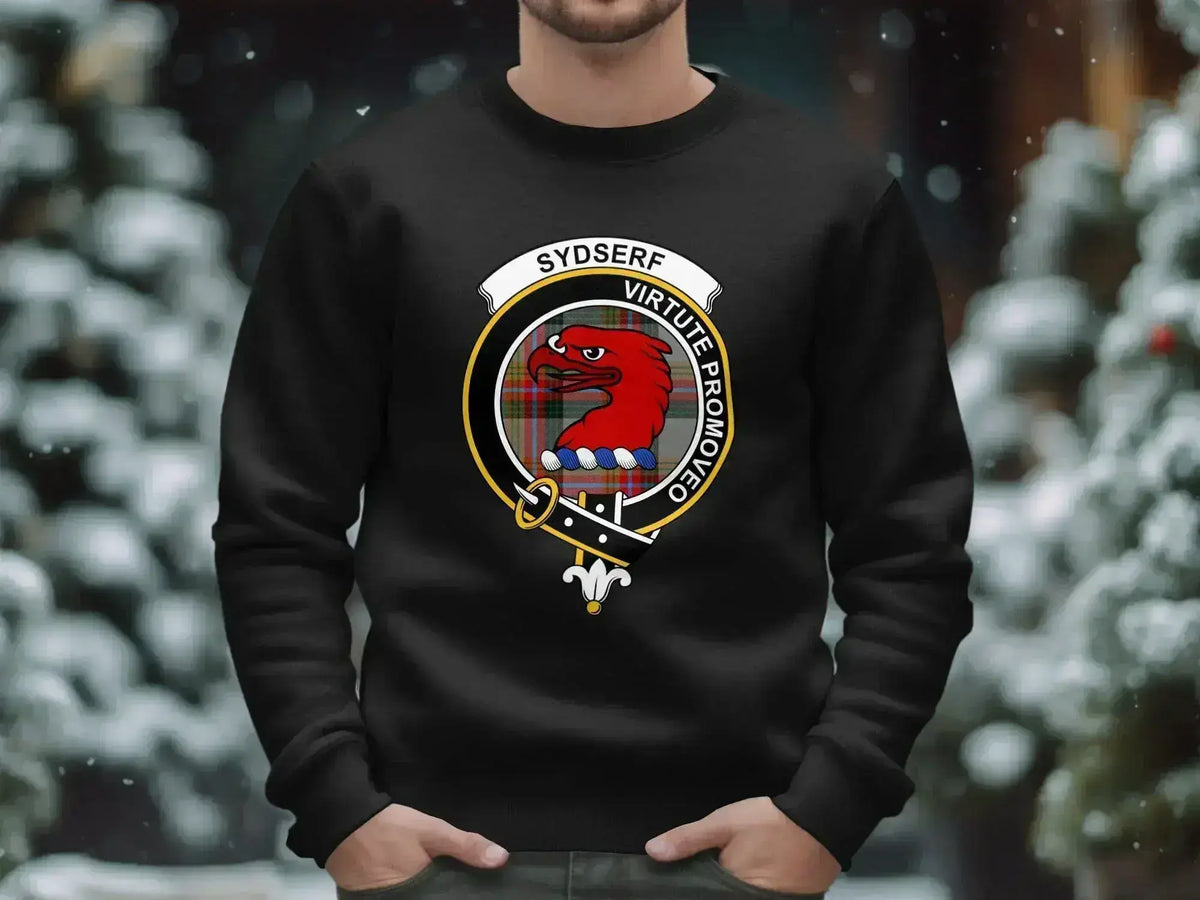 Sydserf clan crest sweatshirt with Virtute Promoveo motto and tartan design