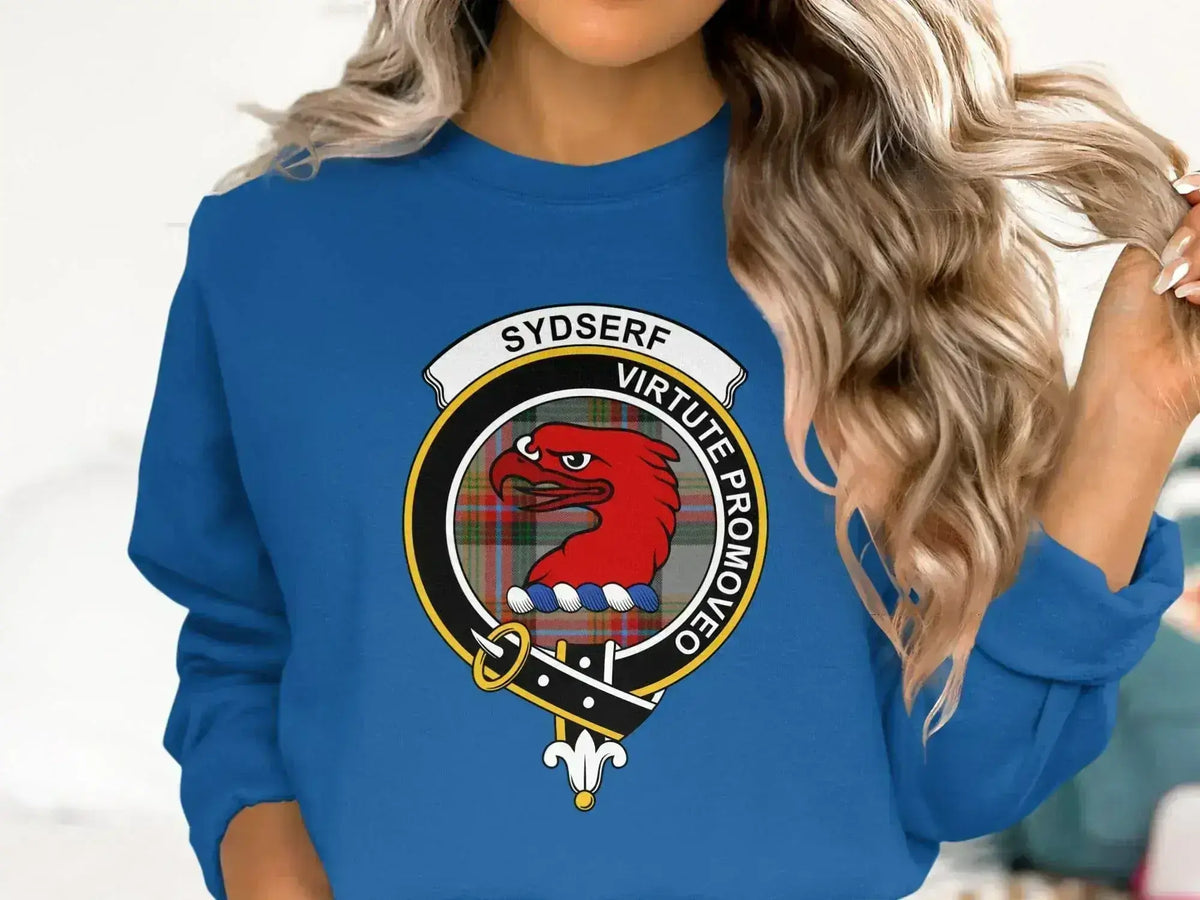 Sydserf clan crest sweatshirt with Virtute Promoveo motto and tartan design — alternate view