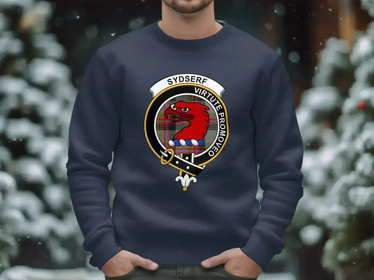 Sydserf clan crest sweatshirt with Virtute Promoveo motto and tartan design — detail view