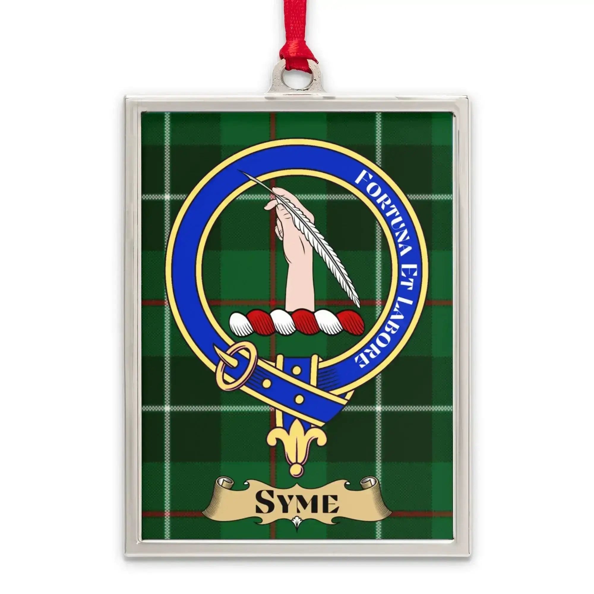 Syme tartan-background crest ornament shown as a Scottish heritage keepsake gift