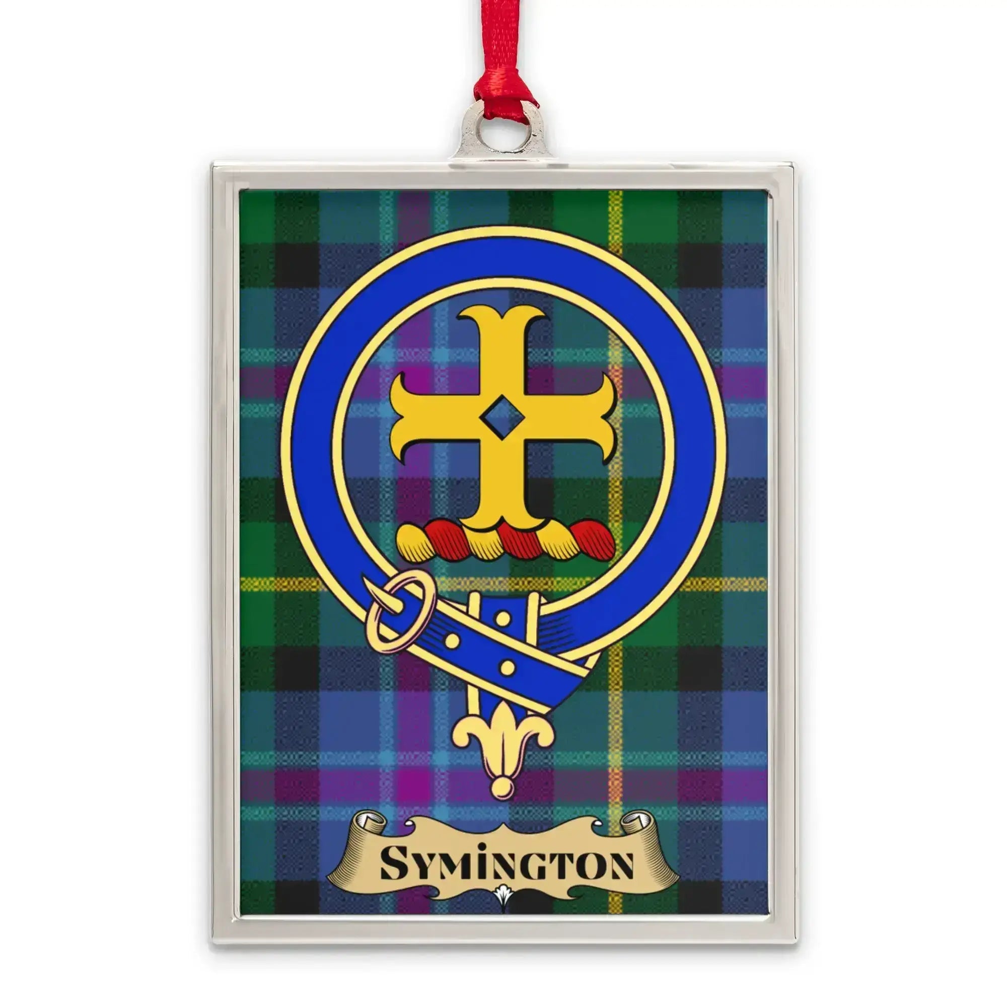 Symington tartan-background crest ornament shown as a Scottish heritage keepsake gift