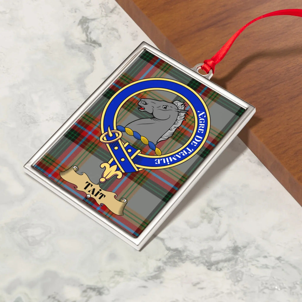 Tait Clan Ornament: Scottish Crest, Horse Head, Traditional Tartan Background 