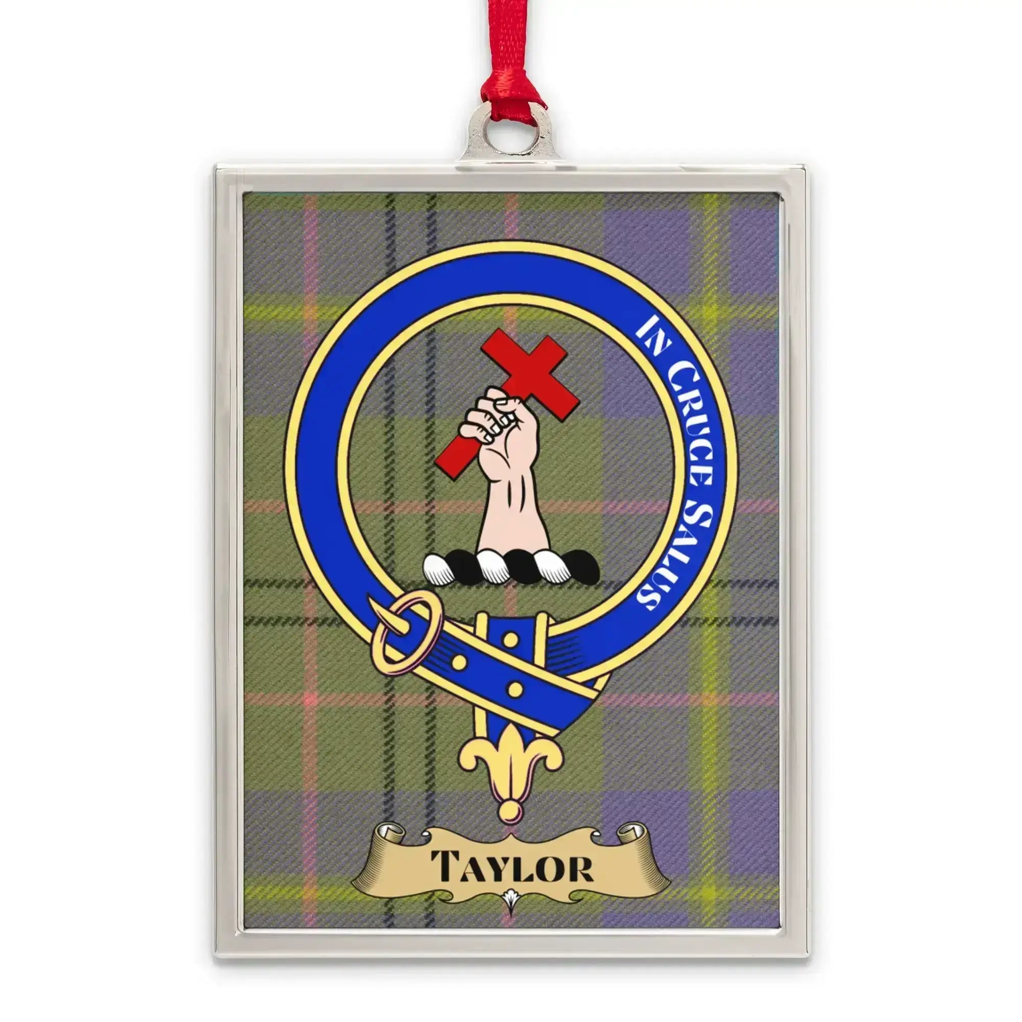Taylor tartan-background crest ornament shown as a Scottish heritage keepsake gift