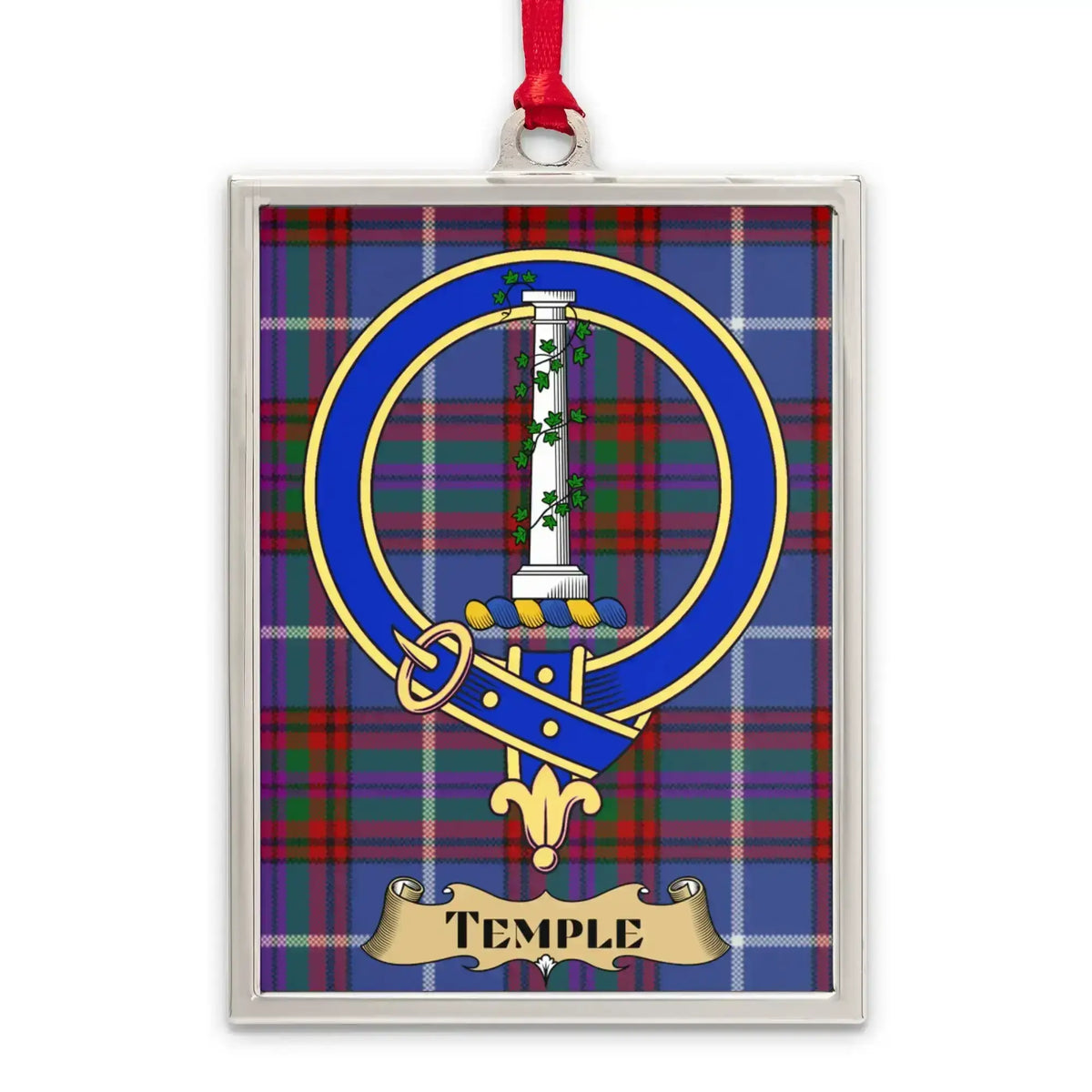 Temple tartan-background crest ornament shown as a Scottish heritage keepsake gift
