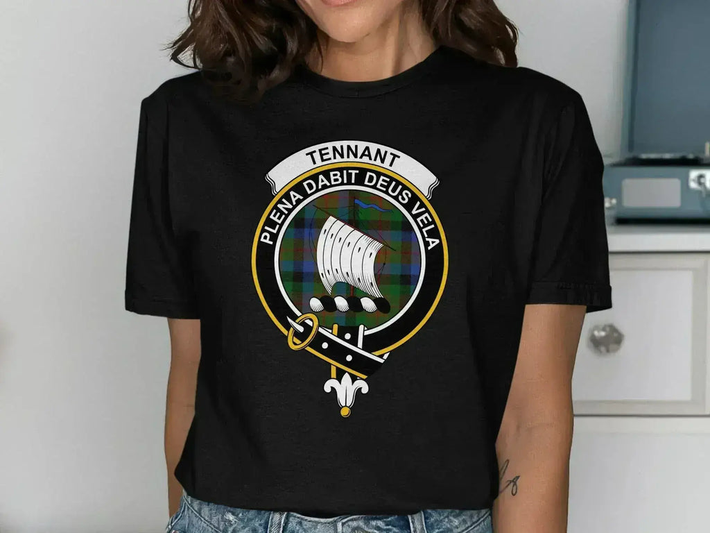 Tennant Scottish clan crest ship graphic black t-shirt — unisex sizing