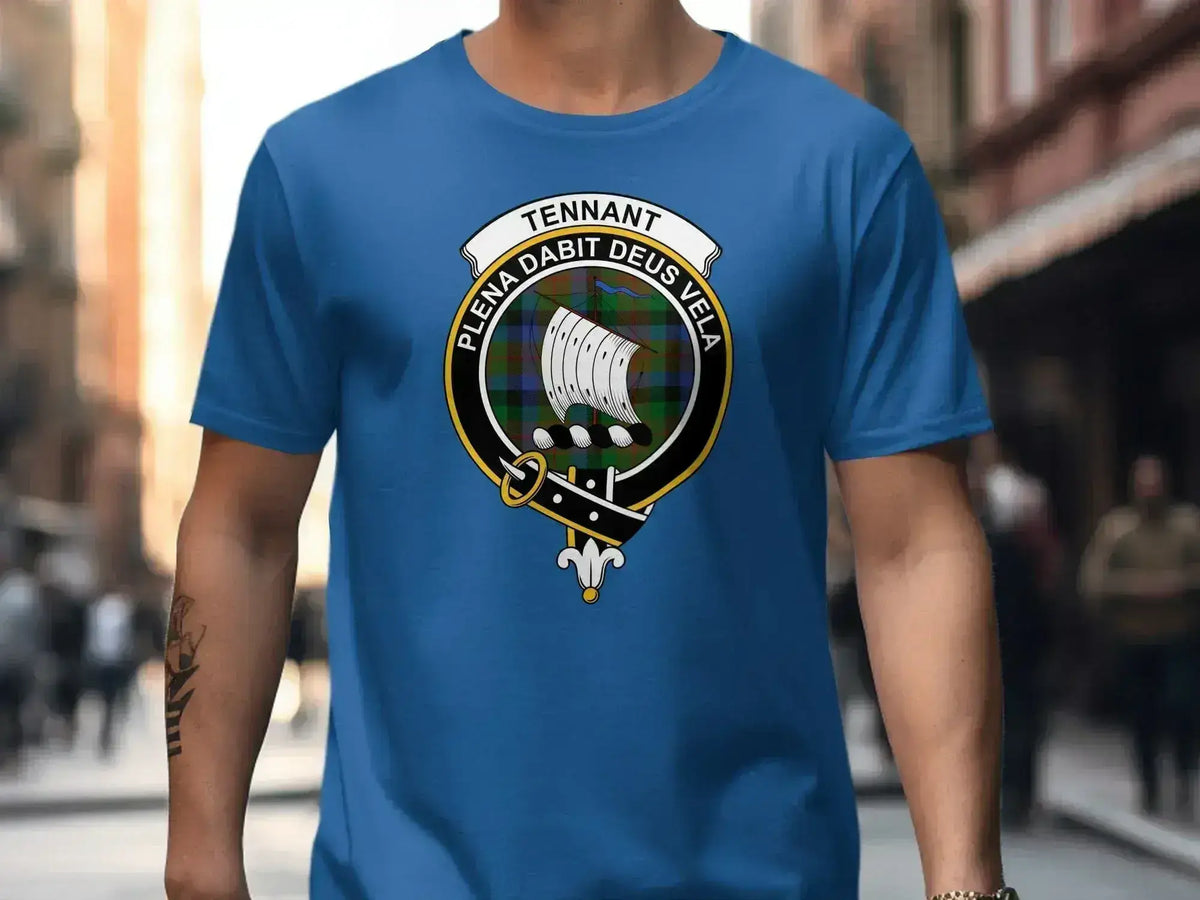 Clan Tennant family crest emblem t-shirt — royal blue, ship design