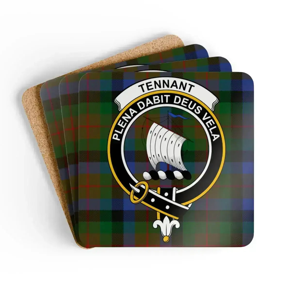 Clan Tennant plena dabit deus vela plaid coasters — glossy cork, 3.75 inch square