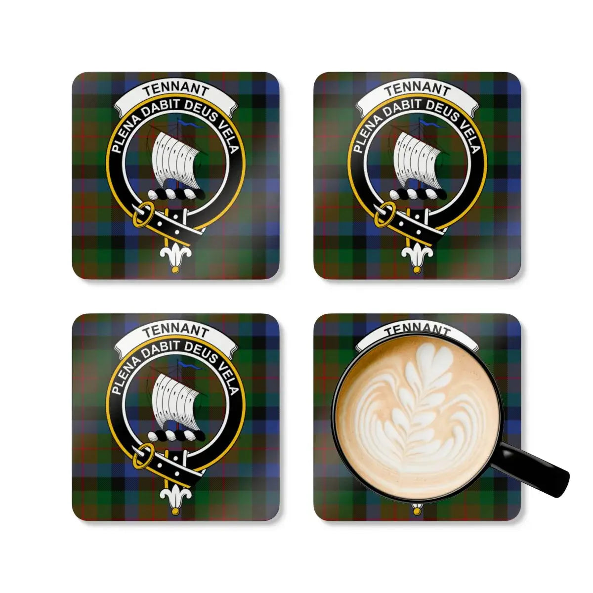 Tennant plaid coasters with family crest — set of four, cork base