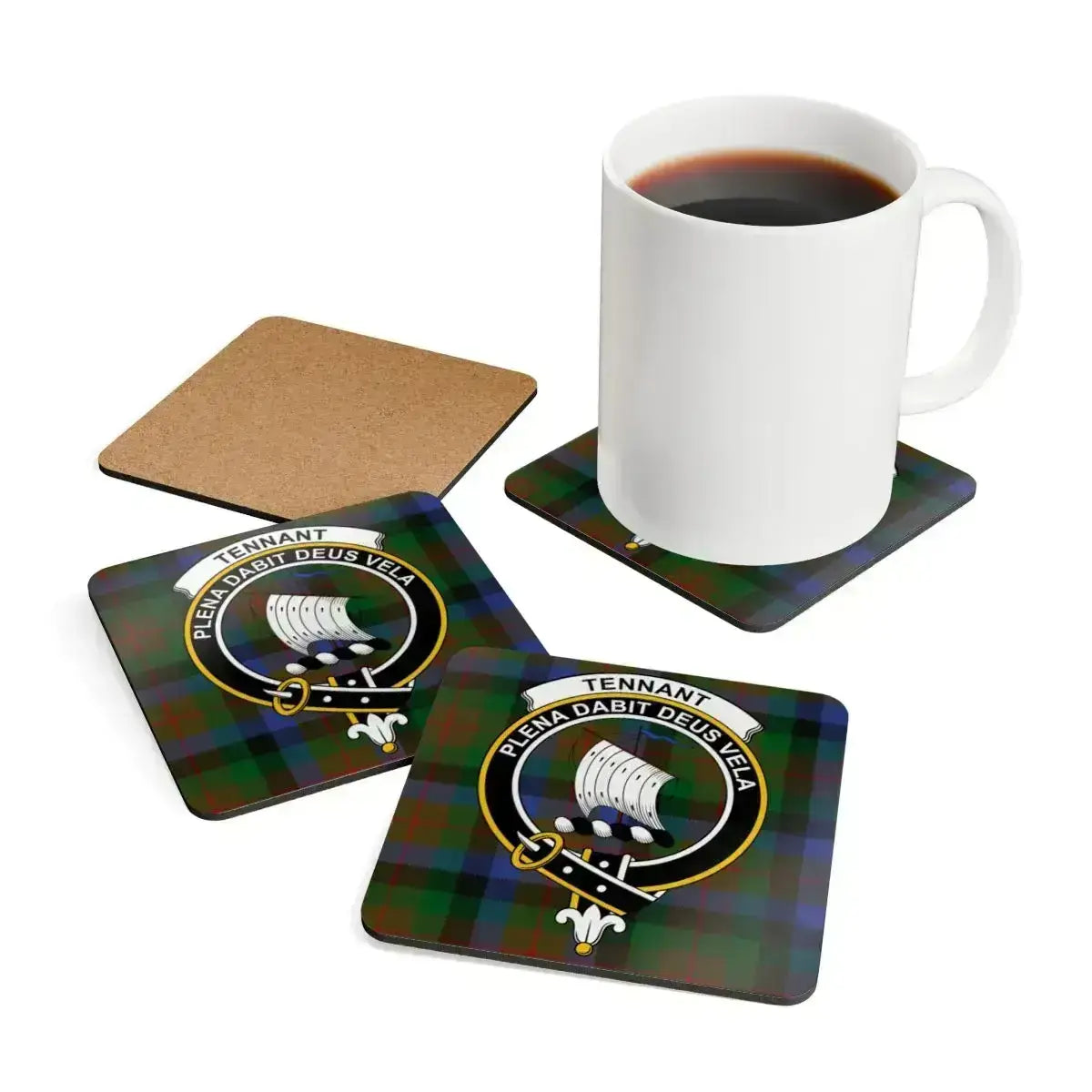 Clan Tennant crest plaid pattern square coasters — single coaster detail view