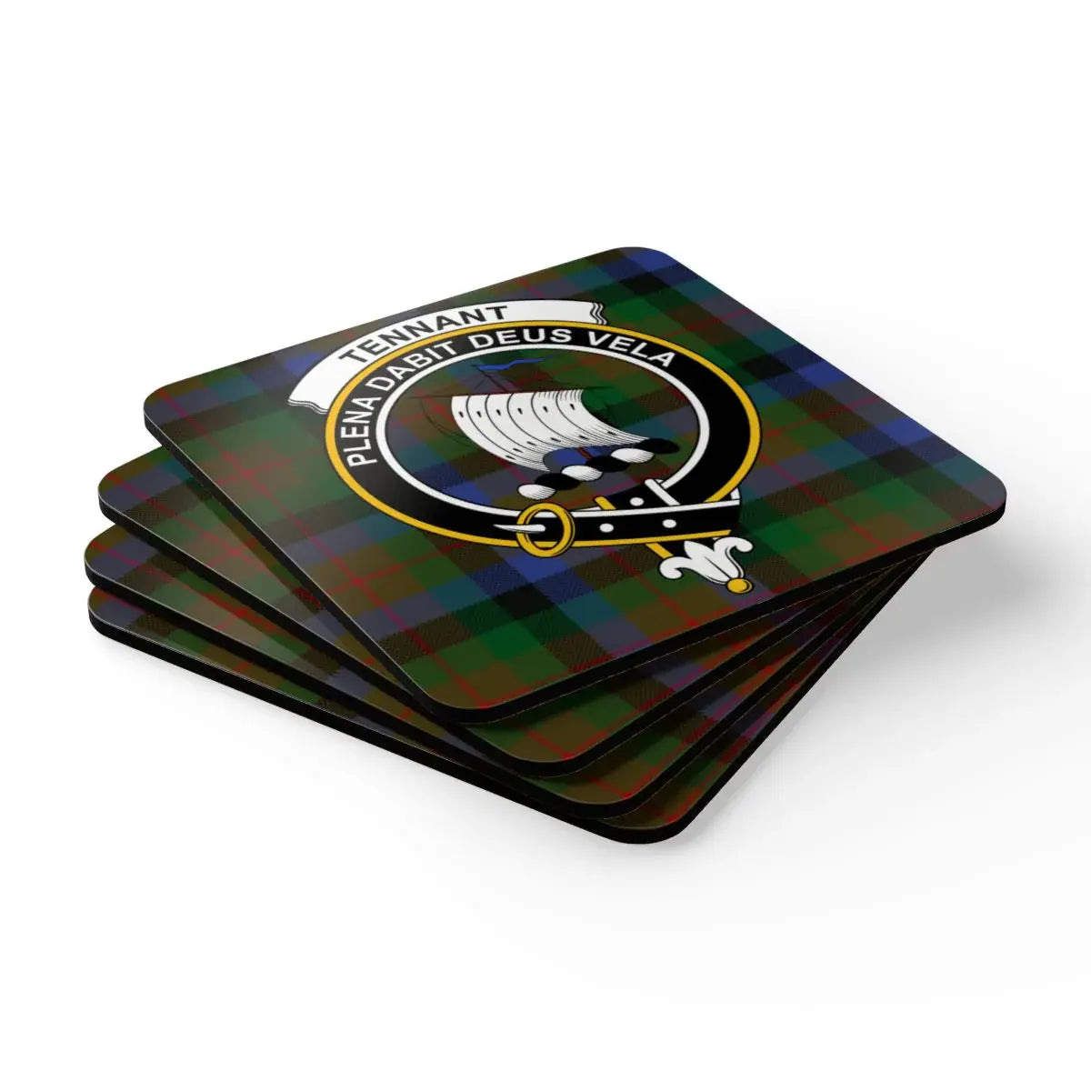 Clan Tennant coat of arms plaid coasters set — on table, four coasters