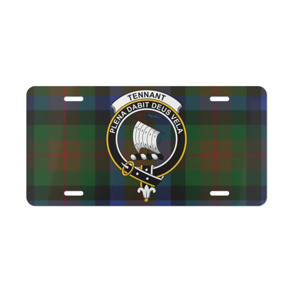 Scottish clan Tennant tartan pattern license plate — ship crest vivid design