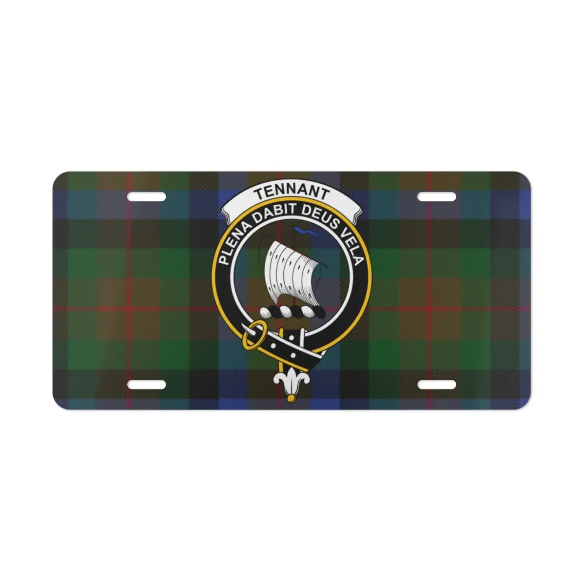 Scottish clan Tennant tartan pattern license plate — ship crest vivid design